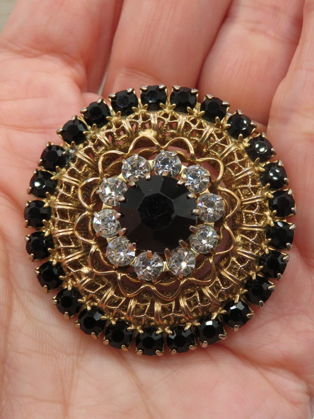 Vintage Black White Rhinestone Circle Brooch - Picture 3 of 6